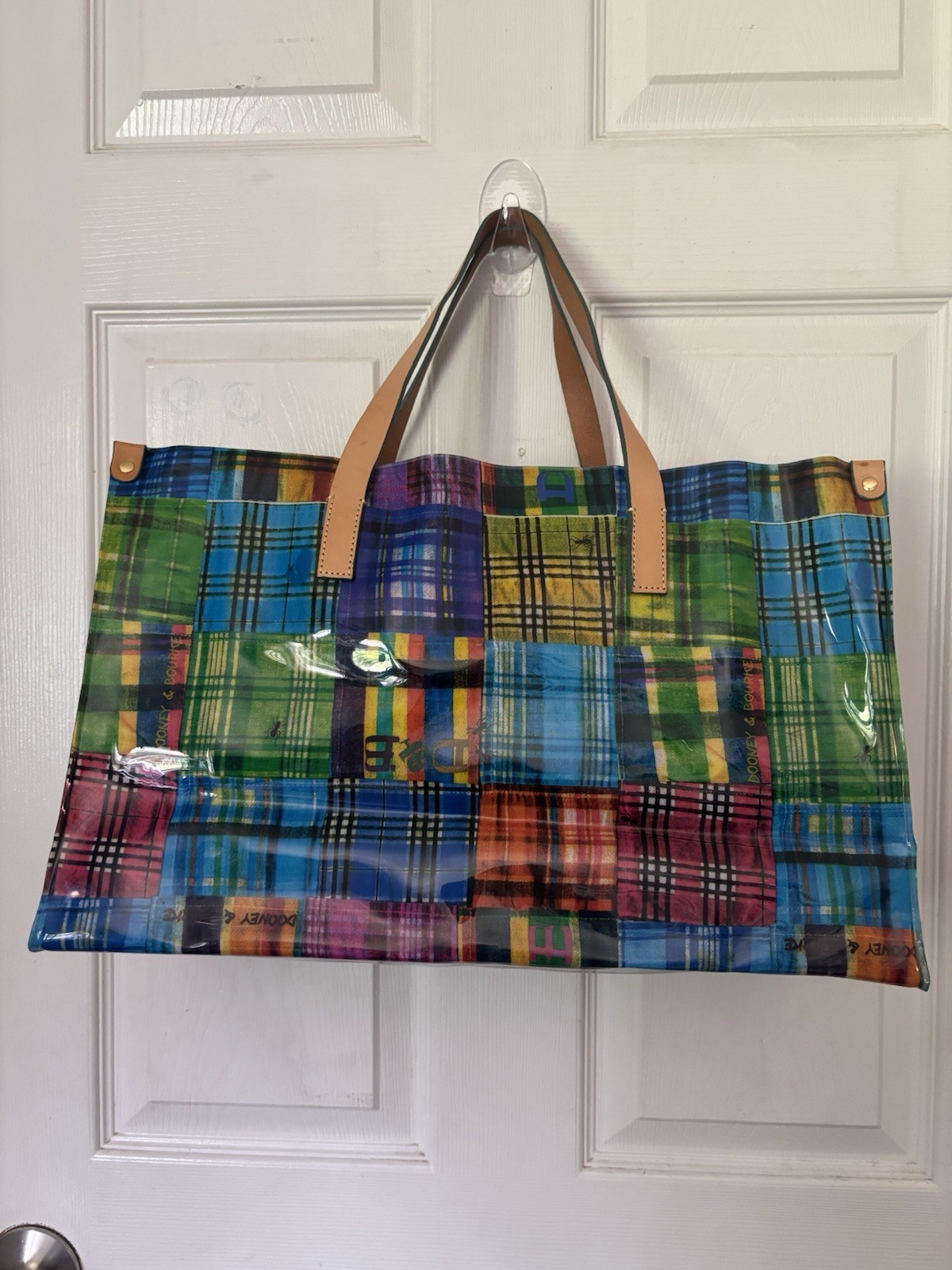 Dooney & Bourke Multicolor Plaid Clear Tote Tan Leather Double Handles