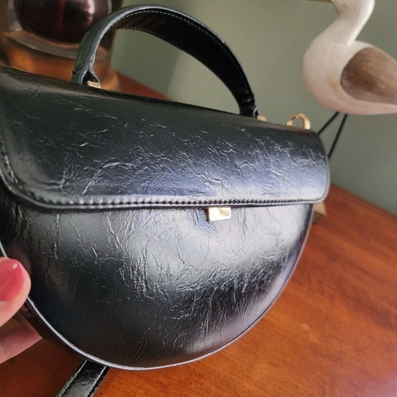 NWT Scoop Half Moon Satchel Black Crinkle Faux Leather Bag