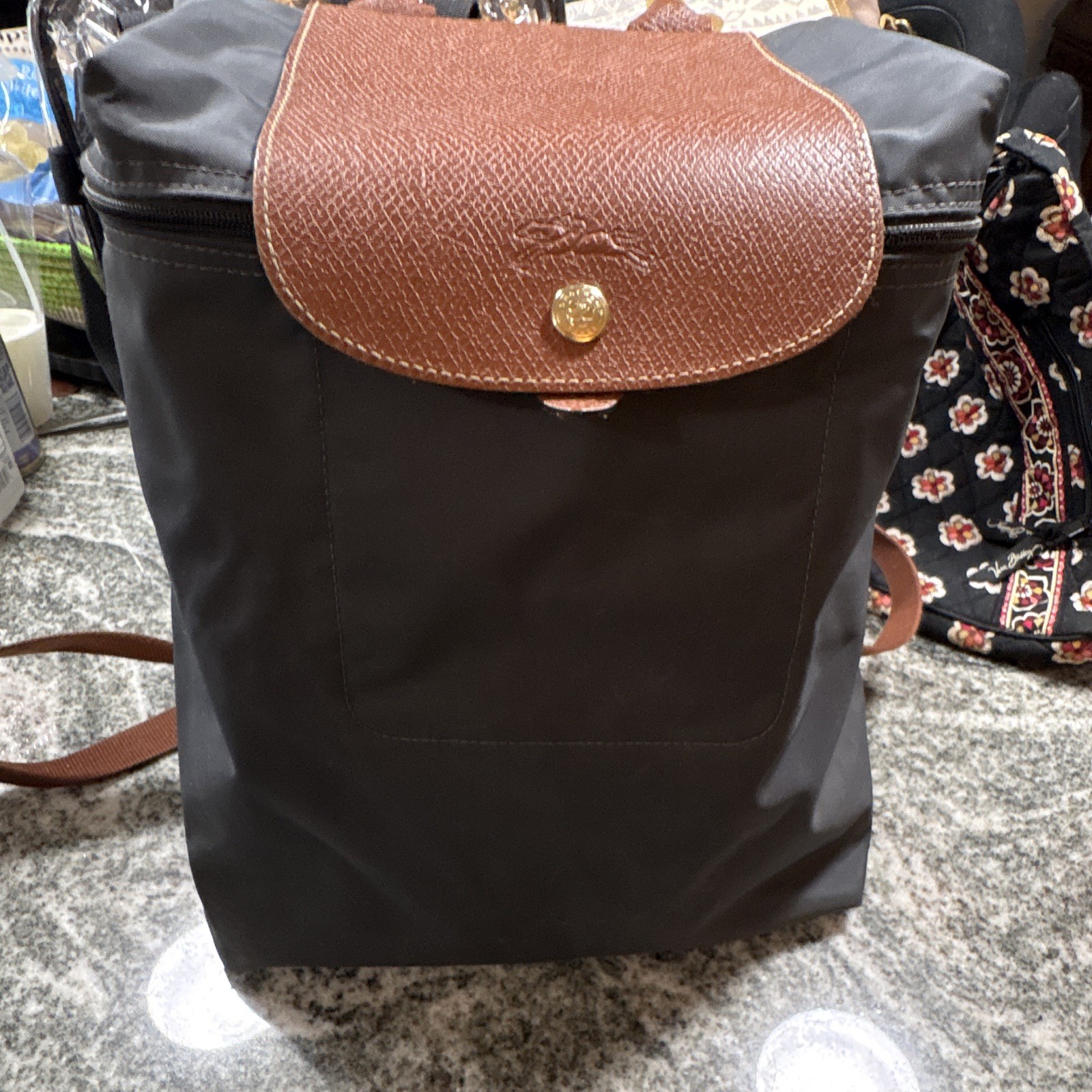 Longchamp Le Pliage Black Backpack Brown Trim Gold Hardware Zip Snap Charm
