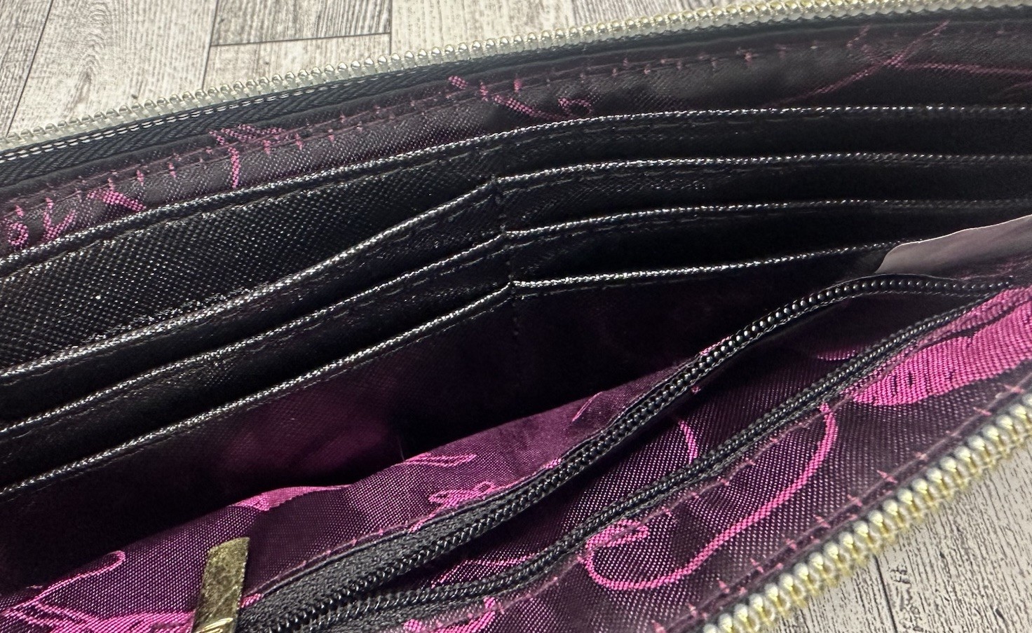 Betsey Johnson Clutch Wallet Black Faux Patent PU- Purple Satin Signature Lining