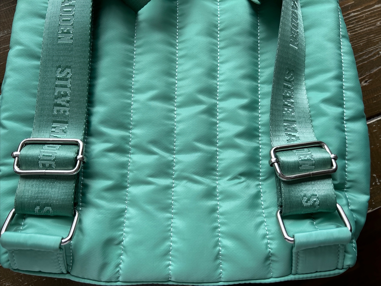 Steve Madden Sumba Mint Green Blue Nylon Puffy Logo Backpack w/ Silver Hardware