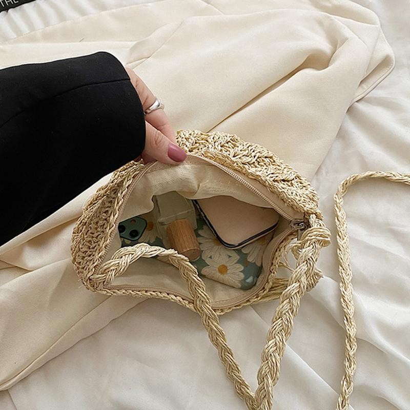 Fashion Semicircle Straw Woven Shoulder Crossbody Bag Travel Small Handbag Ladie