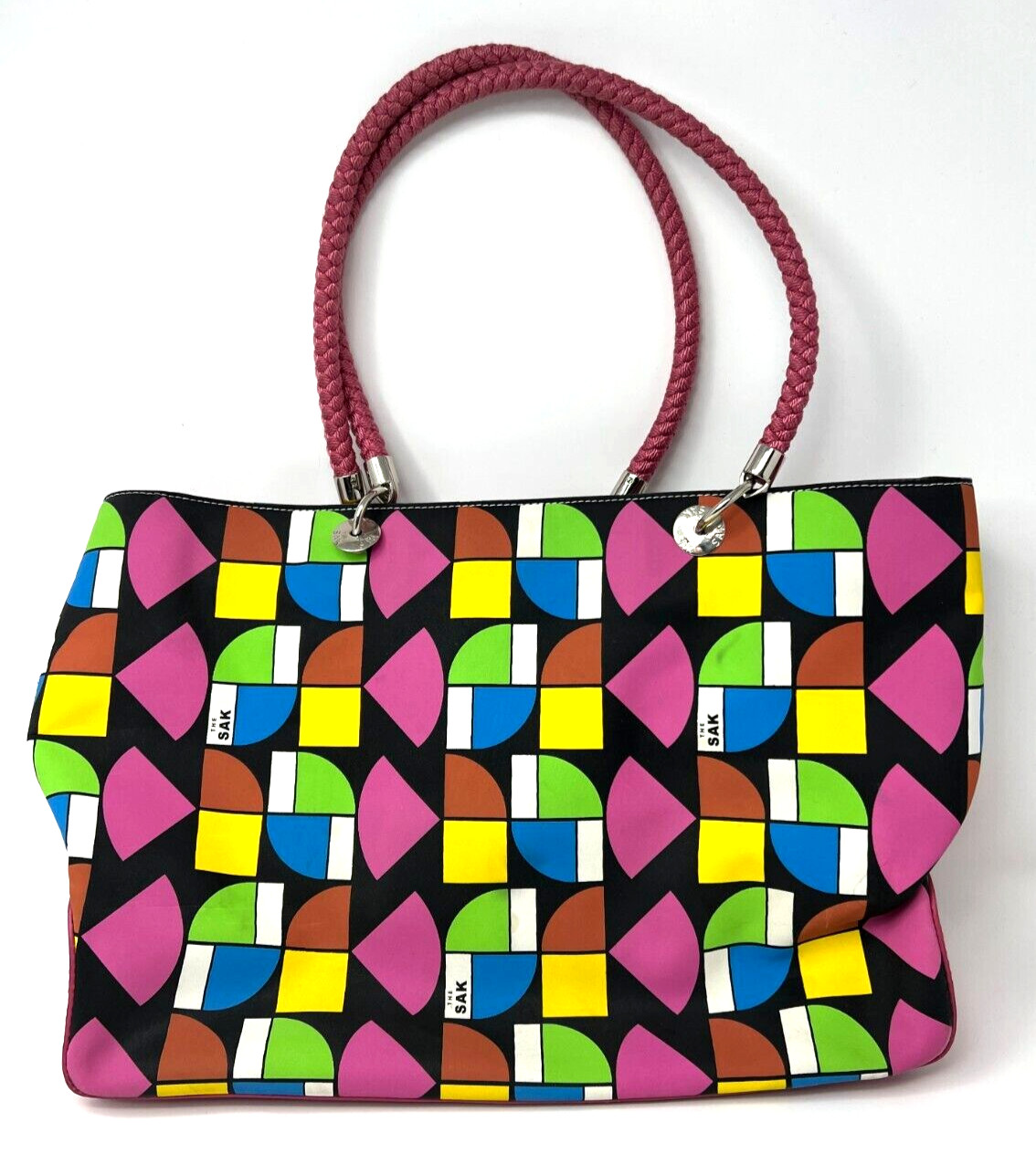 The SAK Multi Color Geometric Shoulder Bag Tote Purse Logo Pink Braided Strap