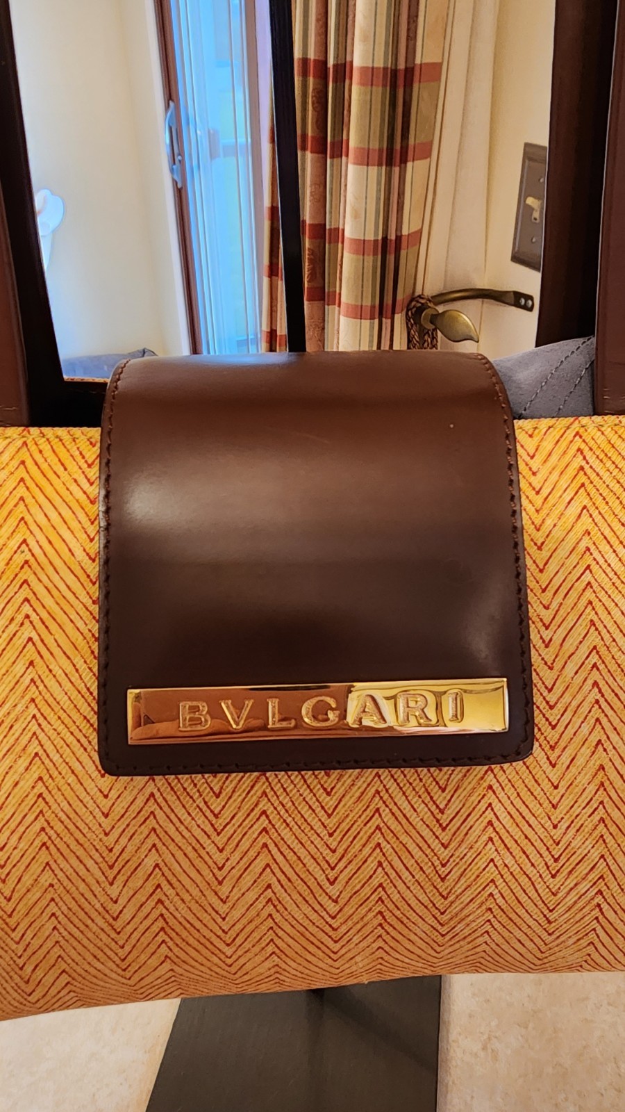 Bulgari (Bvlgari) Chevron-patterned Fabric and Leather Shoulder Bag. Authentic
