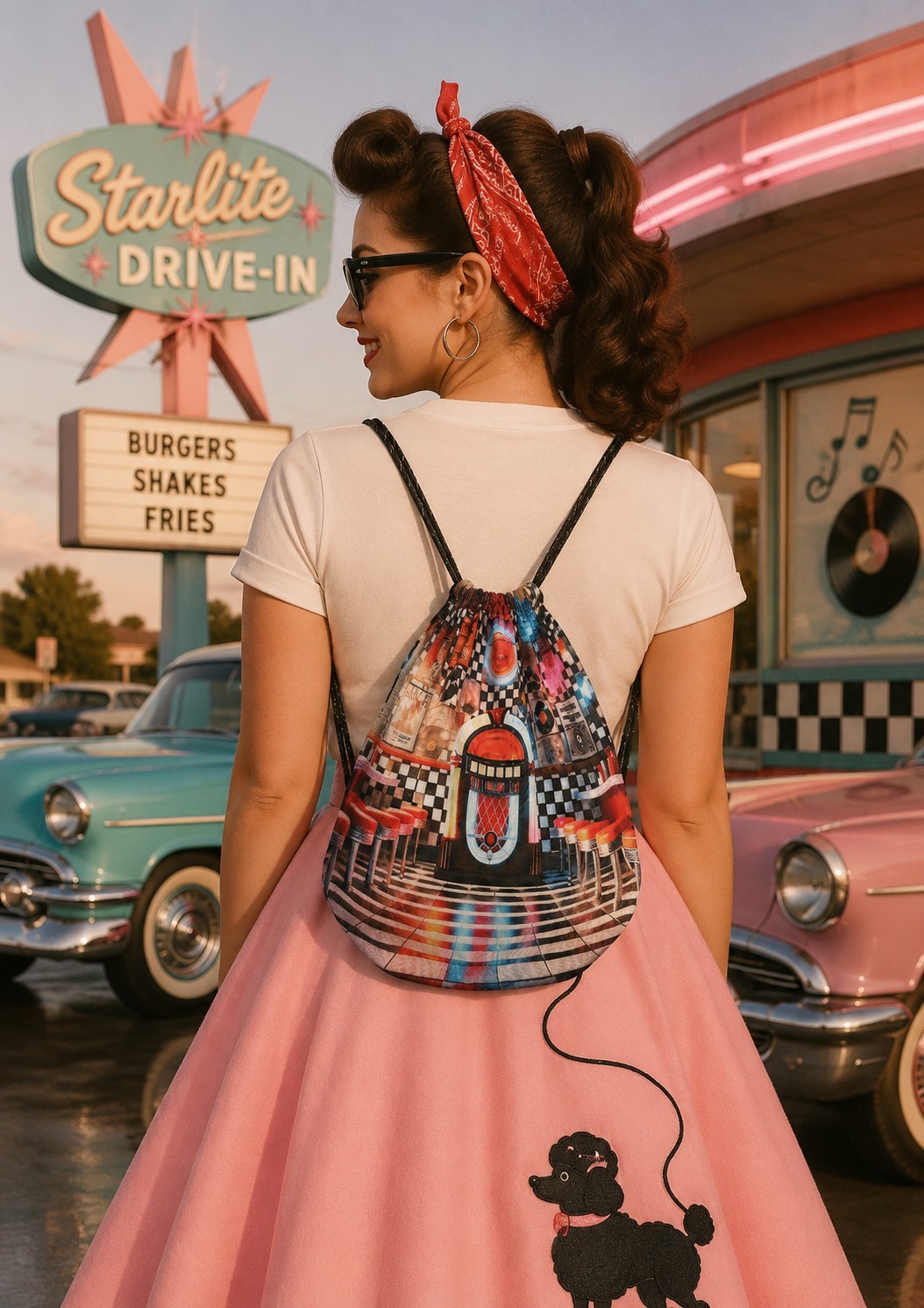 50’S DINER DRAWSTRING BAG Reuseable Gift Sack BACKPACK