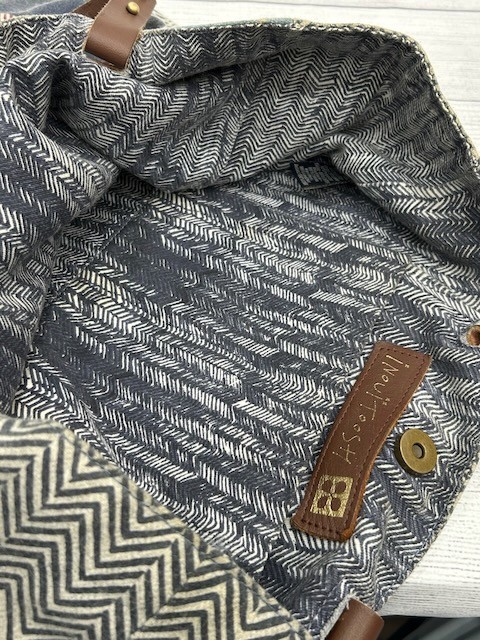 INOUITOOSH Tote Bag Cafe Print Wool Blend Leather Handle Gray 14.5in x 13in