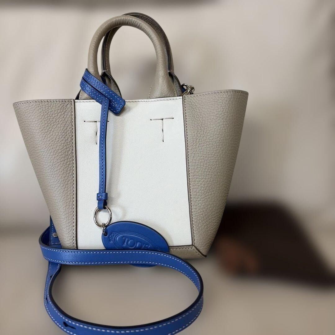 Tods Greige White Blue Leather 2Way Shoulder Bag Logo Charm Women 26.5cm 11cm