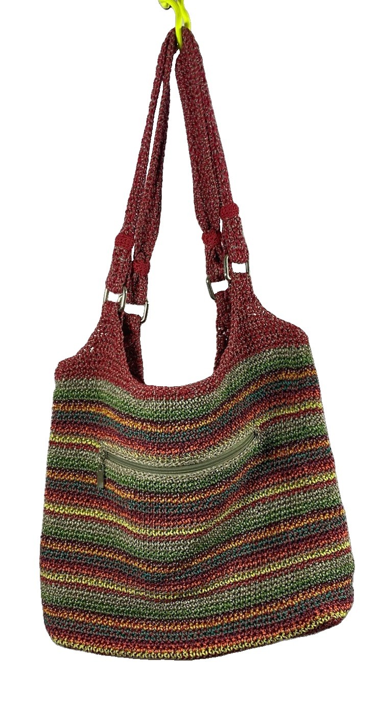 The Sak Crochet Tote Bag Purse Multi Color Red Green Hippie Boho Shoulder Purse