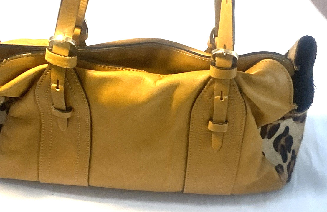 A Bellucci Handbags Leather & Pony Hair Satchel Golden Honey Brown Double Handle