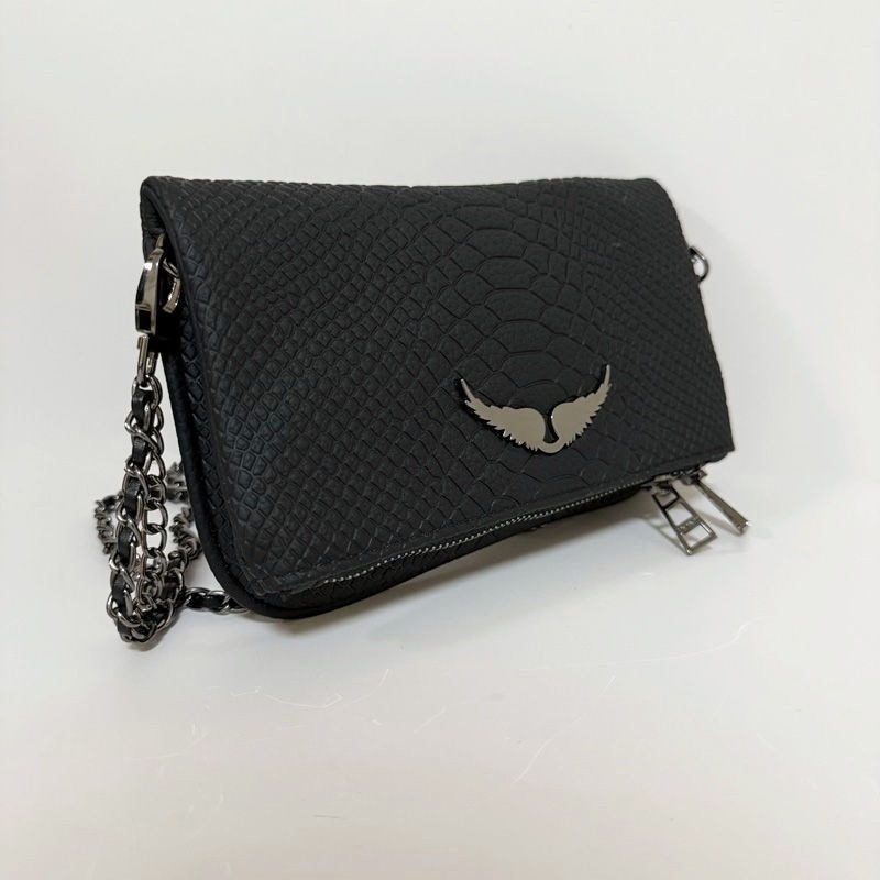 Zadig & Voltaire Snake Print Leather Rock Wing Bag Black Crossbody 21×13×3cm