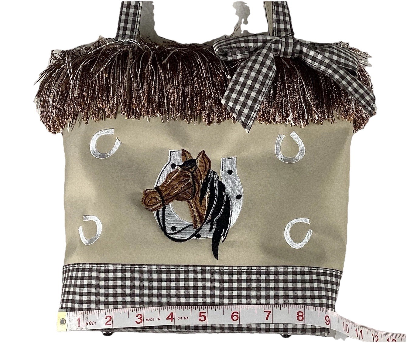 Western Style Purse Tote Bag Gingham Fringe Cowgirl Fabric Brown Cute