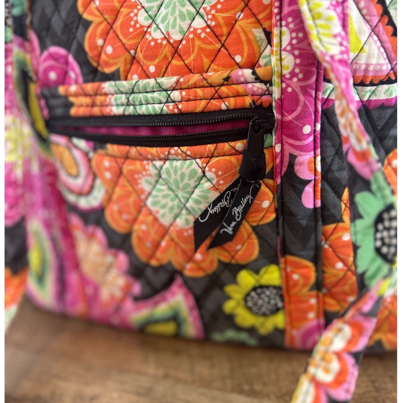 Vera Bradley Sierra Quilted Cotton Floral Tote Bag Grey Pink Orange Zip Shoulder