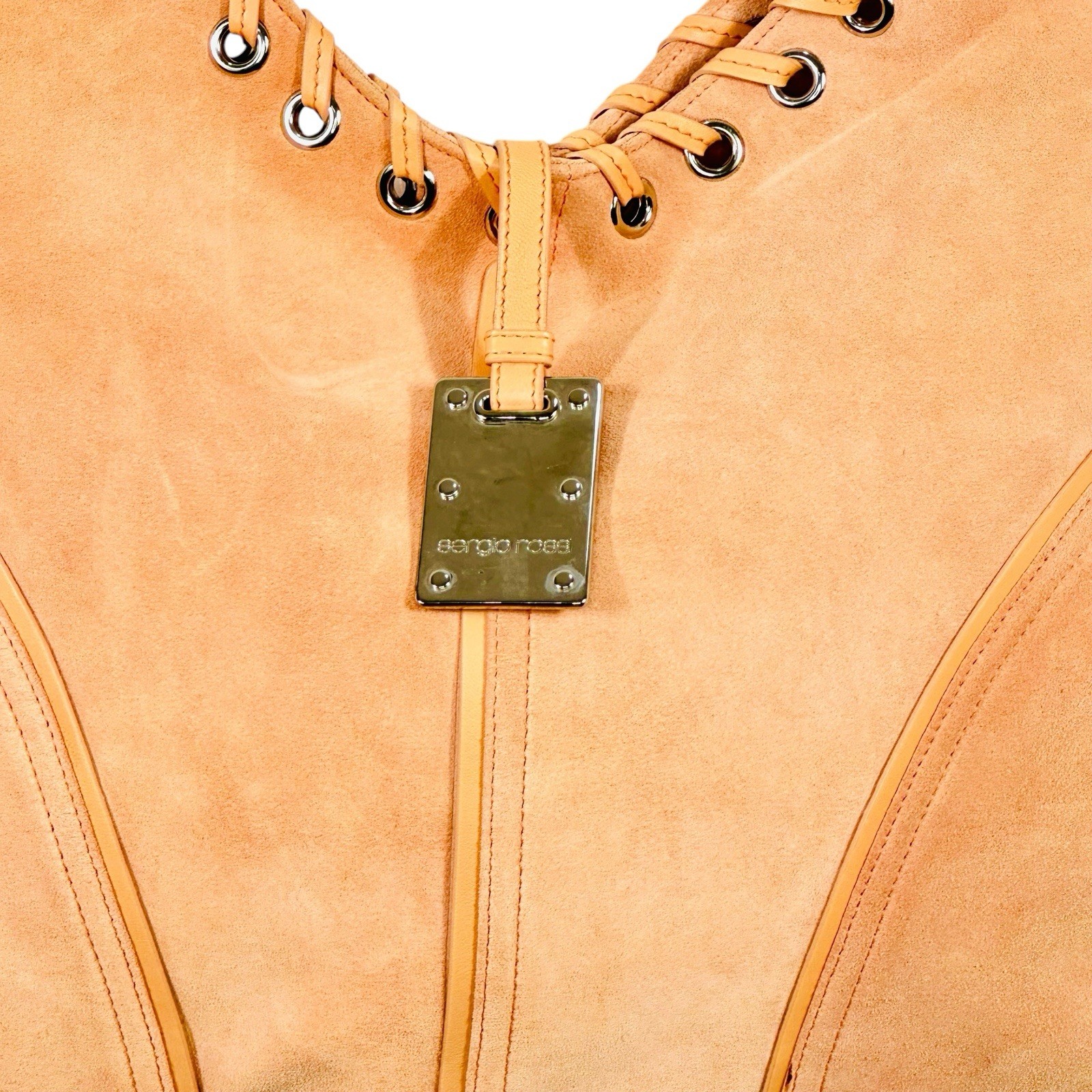 Sergio Rossi Coral Suede Hobo Bag Leather Laced Grommet Shoulder Purse Italy