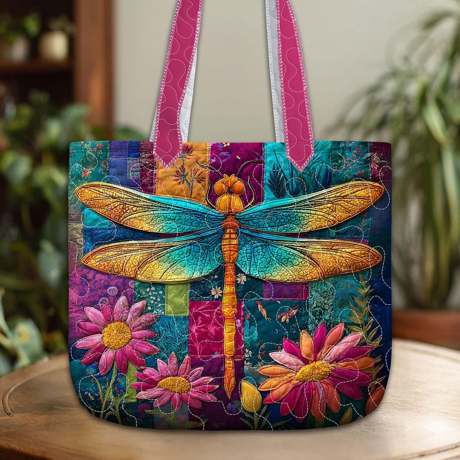 Colorful Dragonfly Quilted Tote Bag, Dragonfly With Wildflowers Bags, Boho Bags