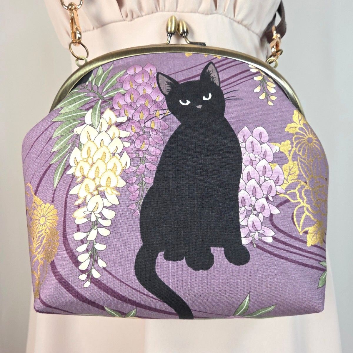 Cute black cat wisteria flowers purple clasp shoulder bag pouch 2 way handmade w