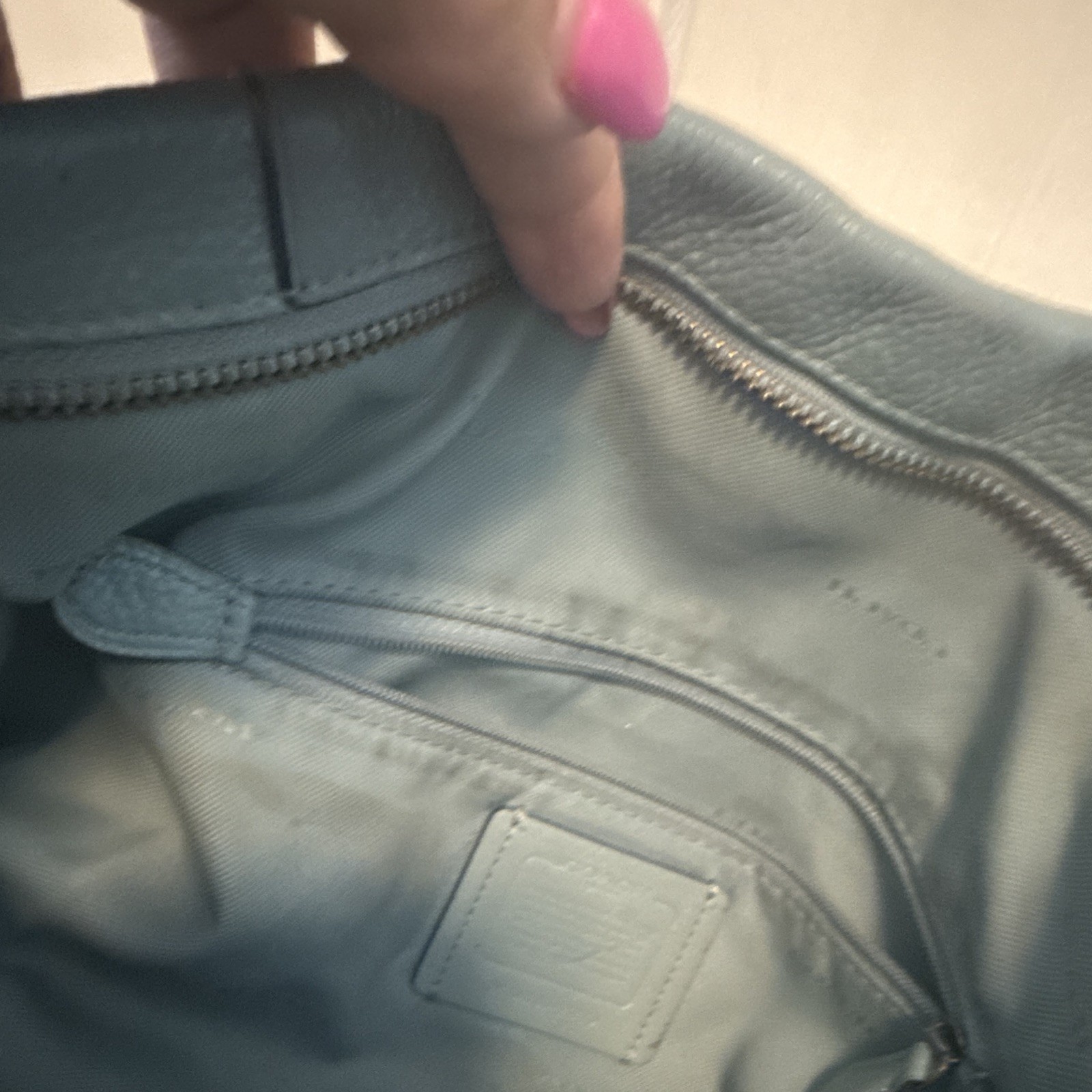 Coach Blue Pebbled Shoulder Bag Zip Top Detachable Strap Silver Hardware