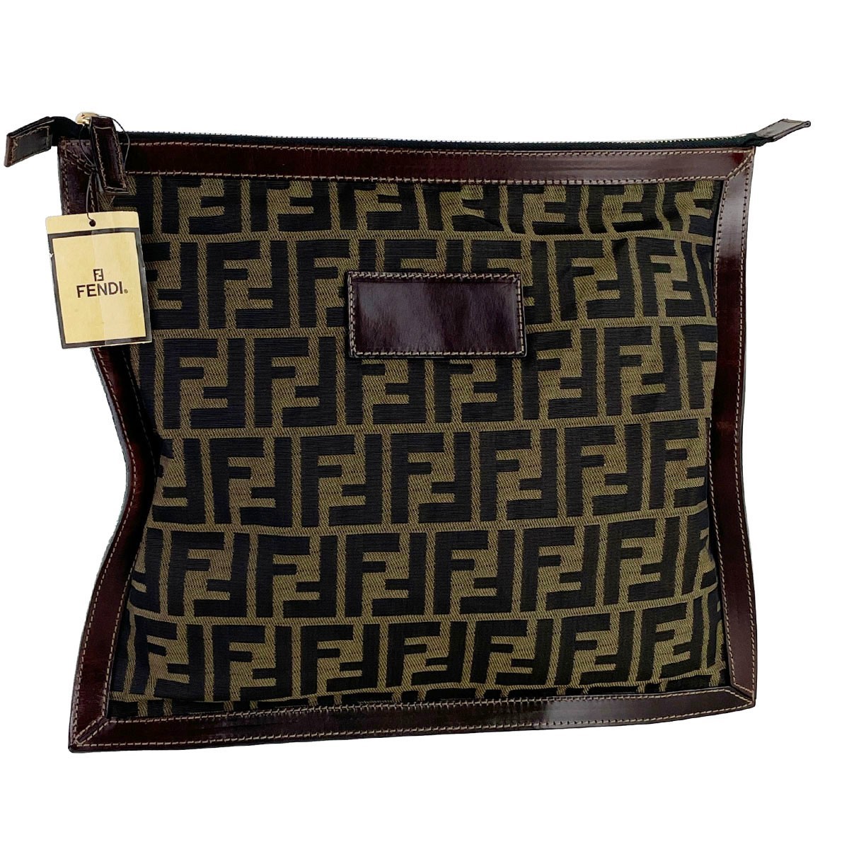 FENDI Zucca Canvas Fabric Leather Coated Canvas Brown Pouch 4686