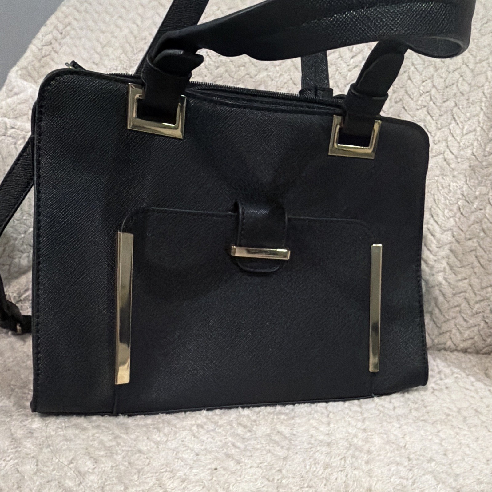 Black Satchel Top Handle Crossbody Bag, Gold Hardware, Zip, Detachable Strap