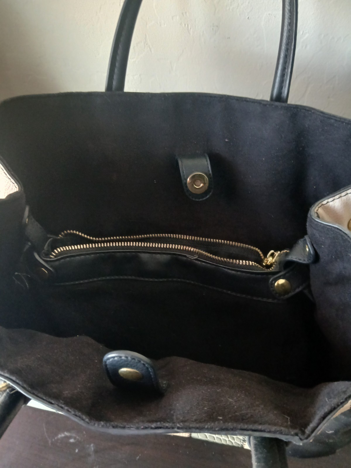 Colorblock Satchel Top Handle Bag Black Beige Gray Taupe Gold Lined Pockets