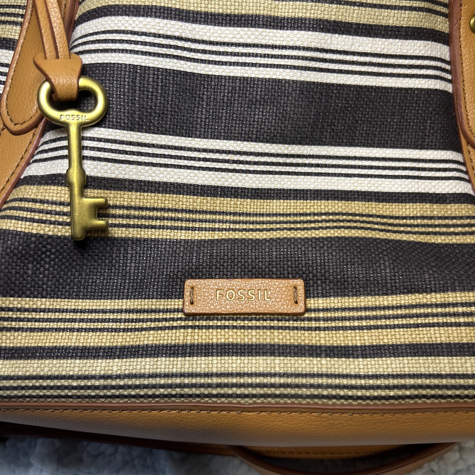 Fossil Woven Crossbody Bag Striped Fabric Faux Leather Trim Adjustable Strap