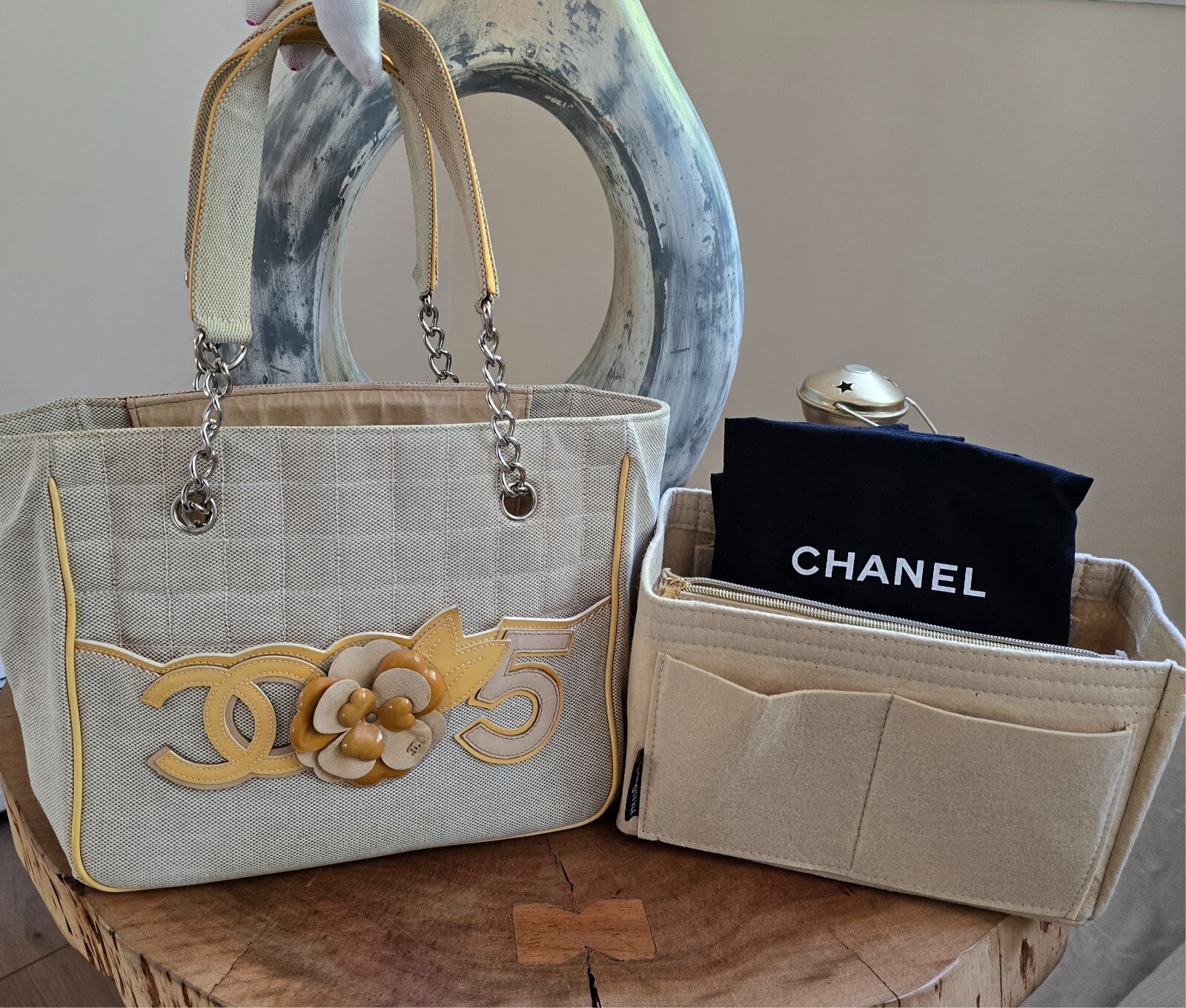 Authentic Chanel Chocolate Bar Camellia N5 in Cream and yellow leather accents