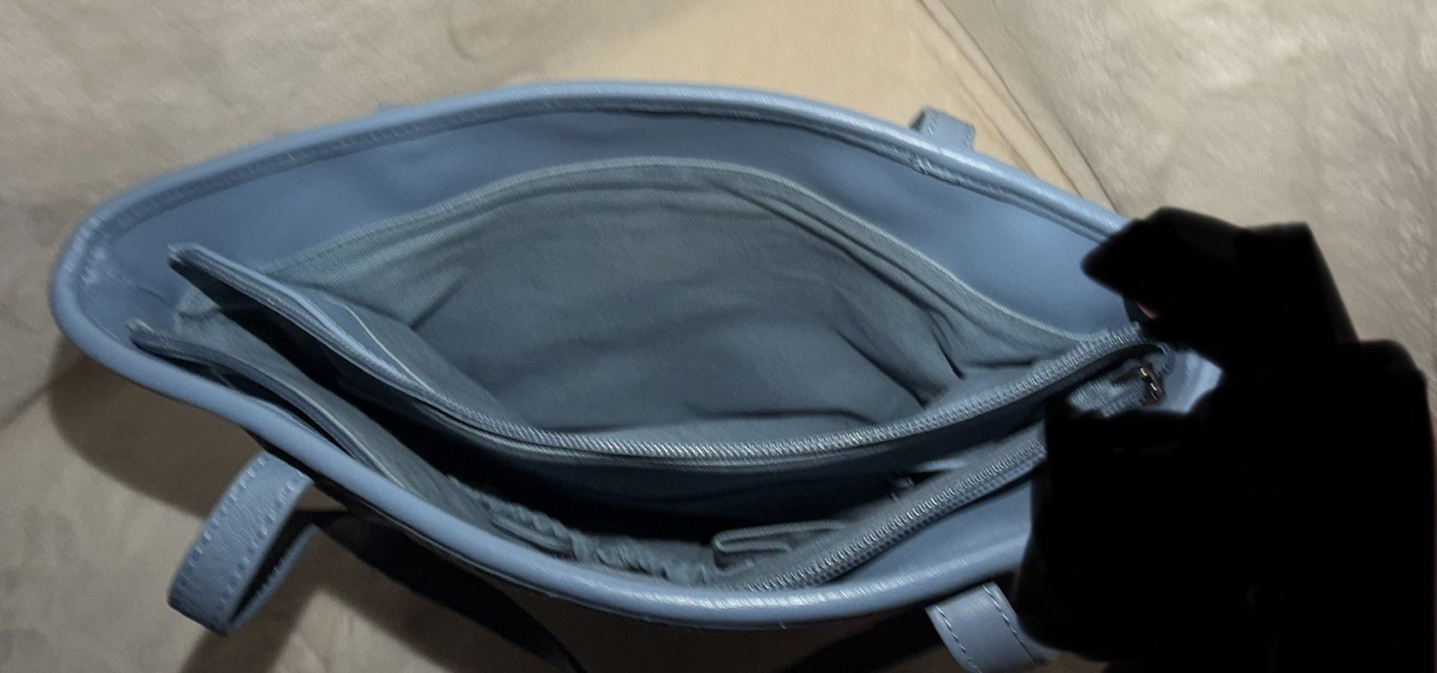 Stone Mountain Embossed Slate Blue Tote Bag with Front Zip Pocket