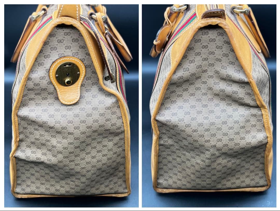GUCCI Micro GG Sherry Line PVC Boston Bag Large Brown Authentic Vintage