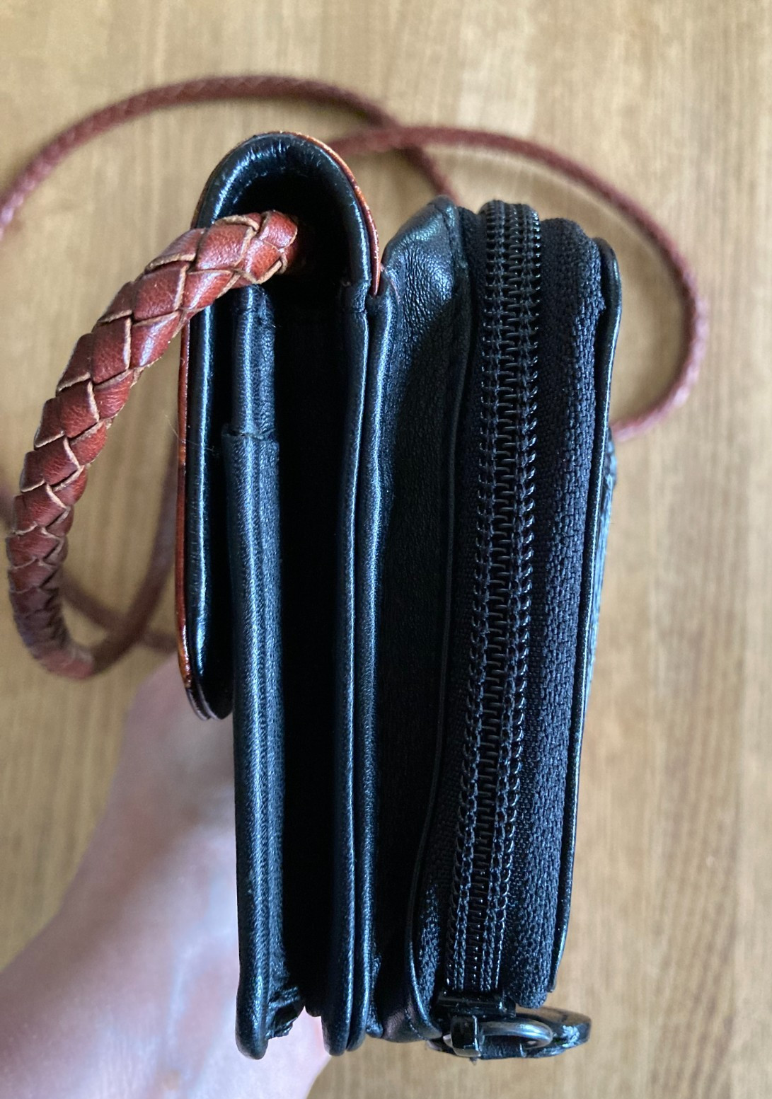 Brighton Black Brown Embossed Leather Flap Snap Zip Crossbody Clutch Organizer