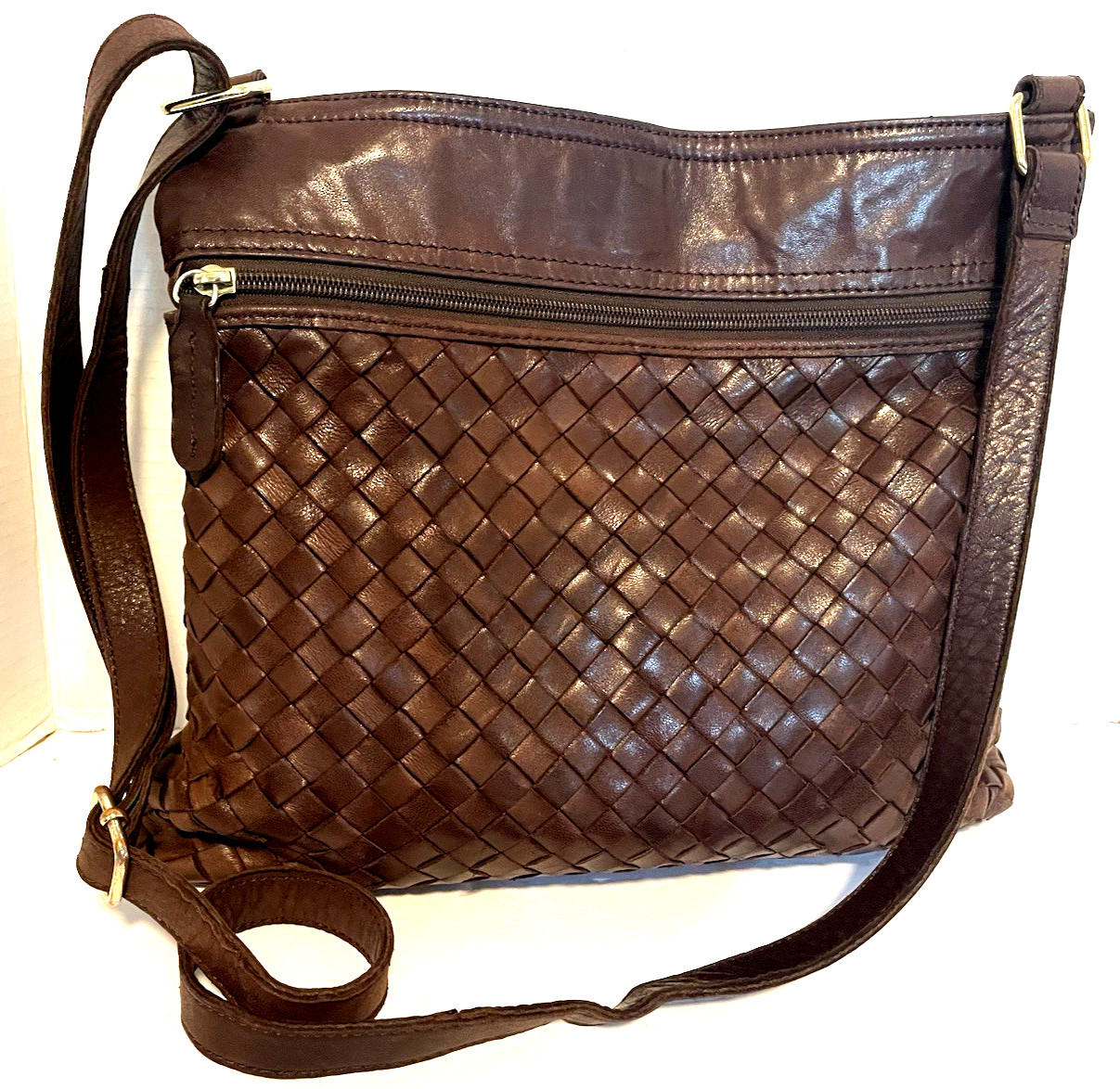MARGOT Large Buttery Soft Chocolate Brown Leather Woven Front Crossbody Bag MINT