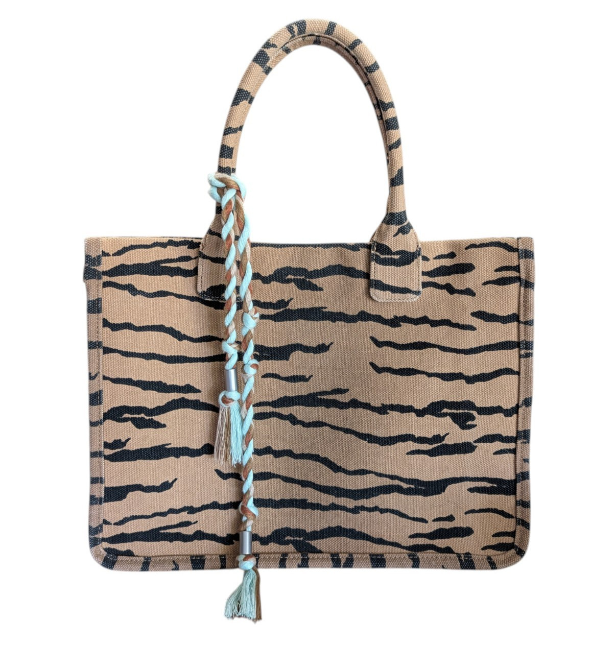 Vince Camuto Orla Canvas Tote In Desert Multi Tiger Print Beige Tan Cotton