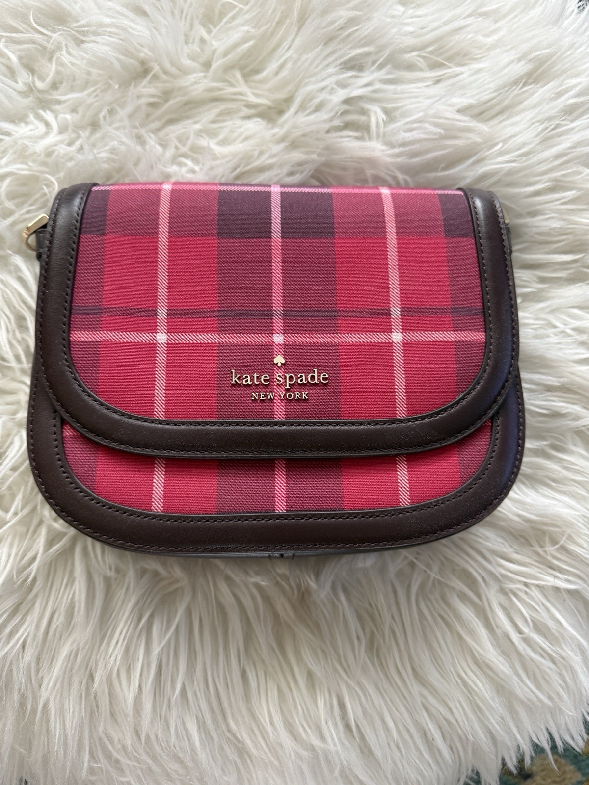 kate spade new york Women’s Pink/Burgundy Plaid Small Flap Crossbody, Gold