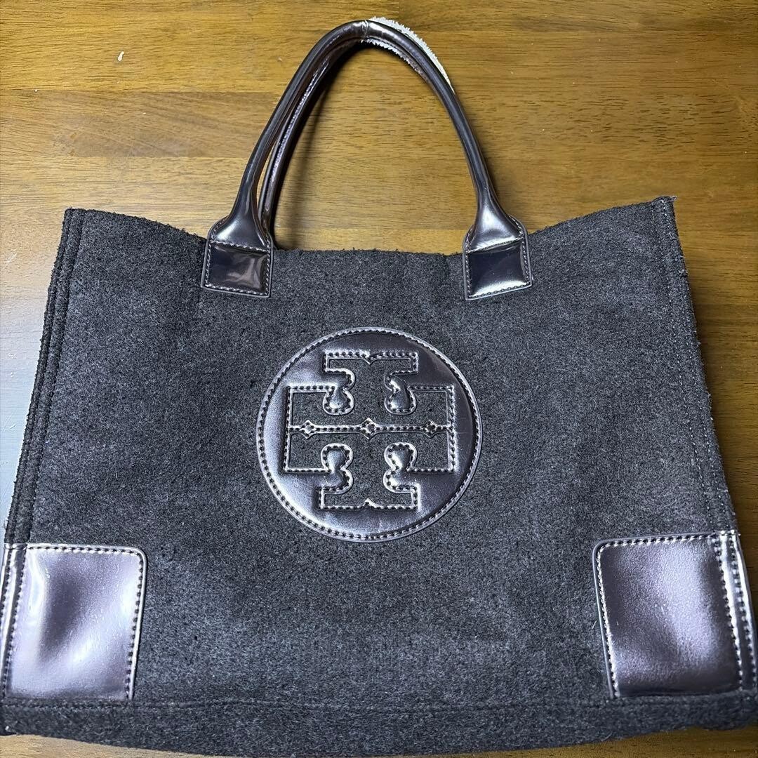 Tory Burch Brown Wool Felt Logo Embroidery Tote Bag 34cm 13.4in Womens
