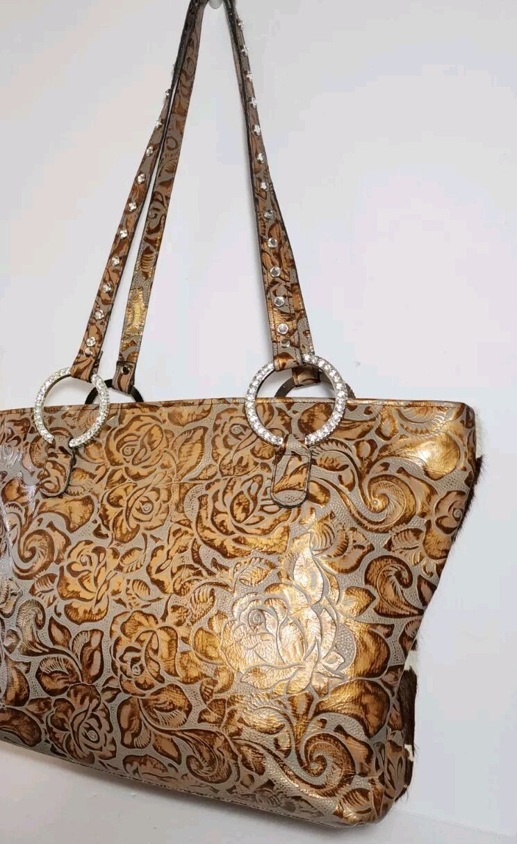 RAVIANI SUSANNE’S CRYSTAL EMBELLISHED 3D CROSS & ROSES CALF HAIR ON LG TOTE $545