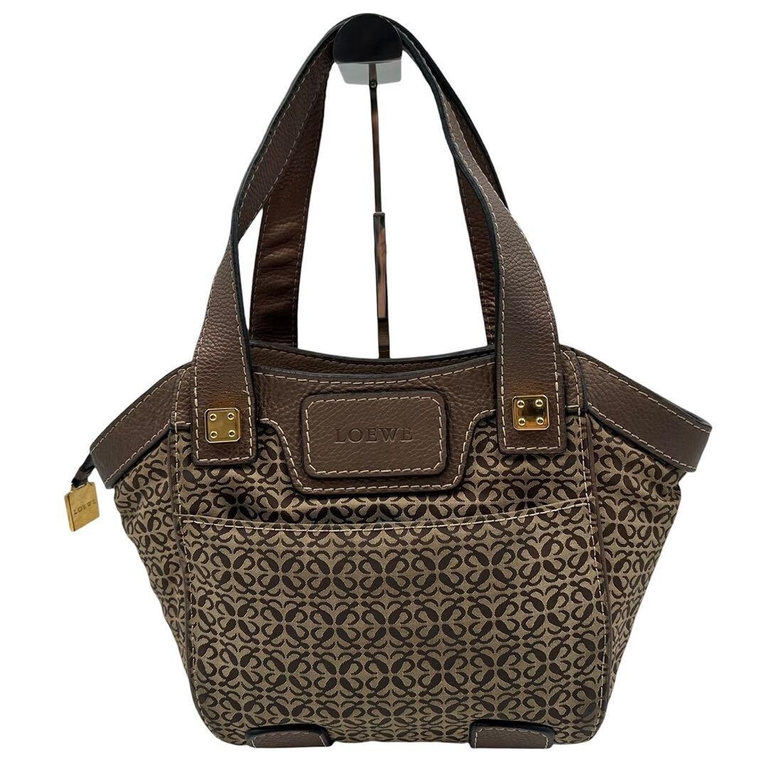 LOEWE Anagram New Road Canvas Leather Handbag Tote Charm Brown Gold 22cm