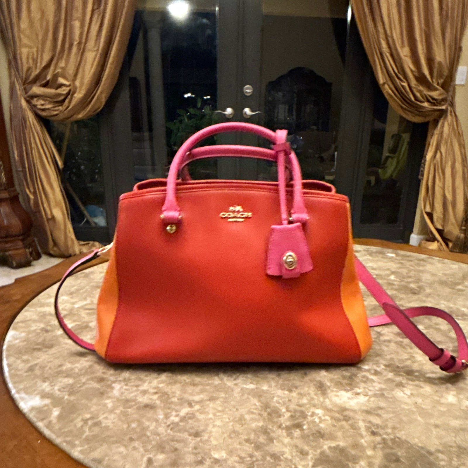 Coach Colorblock Satchel Top Handle Zip Medium Orange Pink Gold Hardware Strap