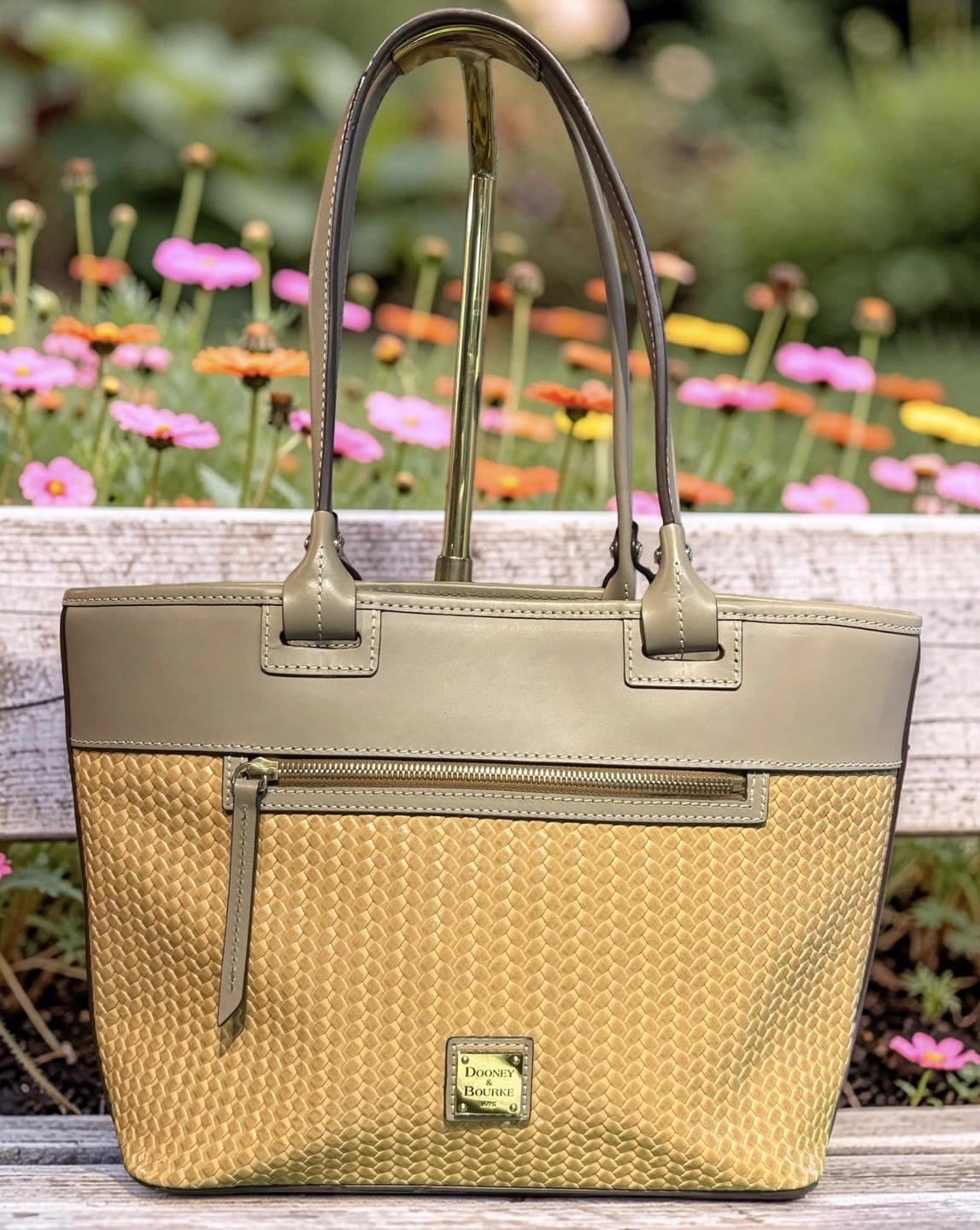 Dooney Bourke Beacon Taupe Gray Brown Woven Embossed Shopper Tote Smooth Leather