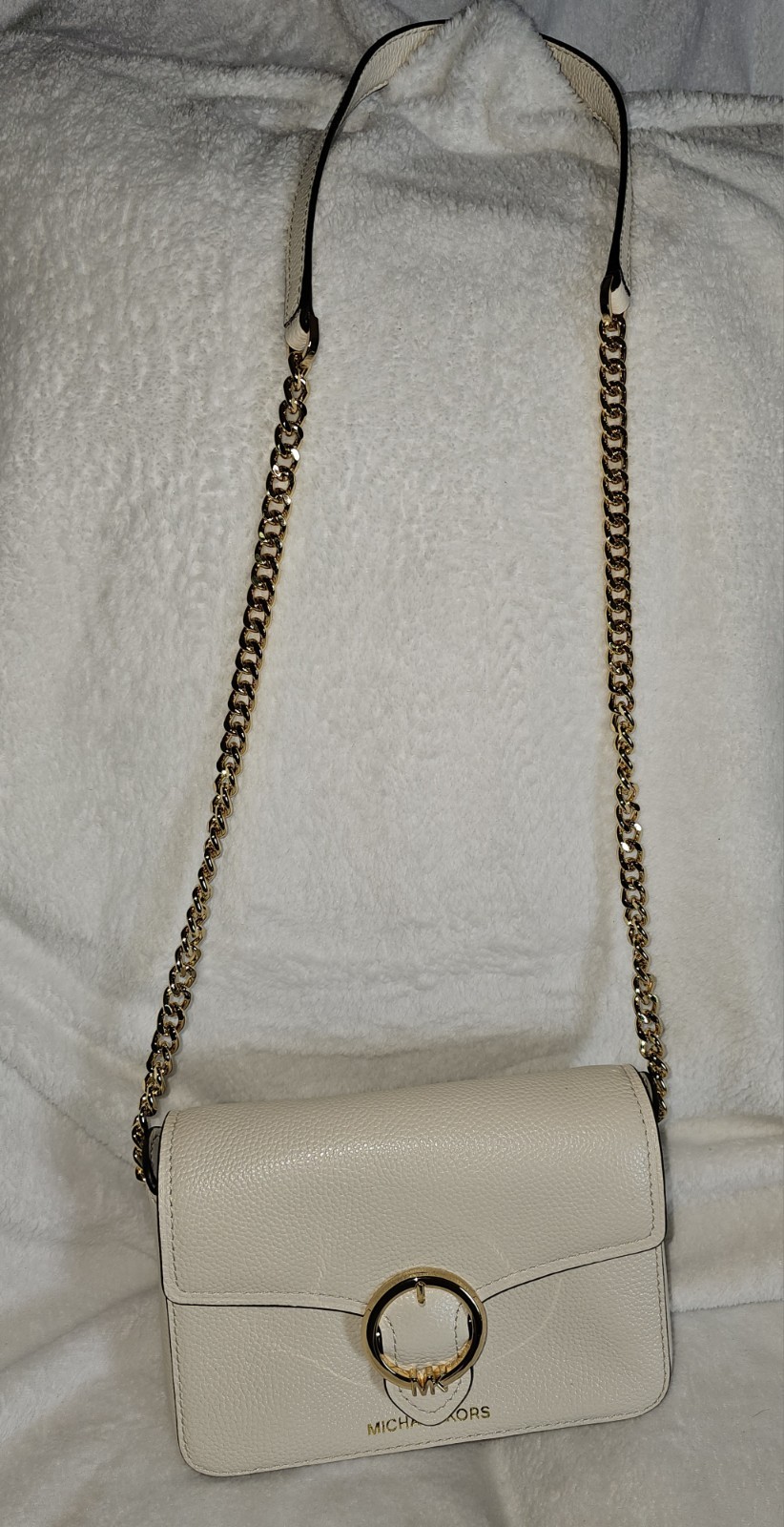 Michael Kors Ivory Sm Wanda Pebbled Crossbody Bag Gold Chain Strap Snap Closure