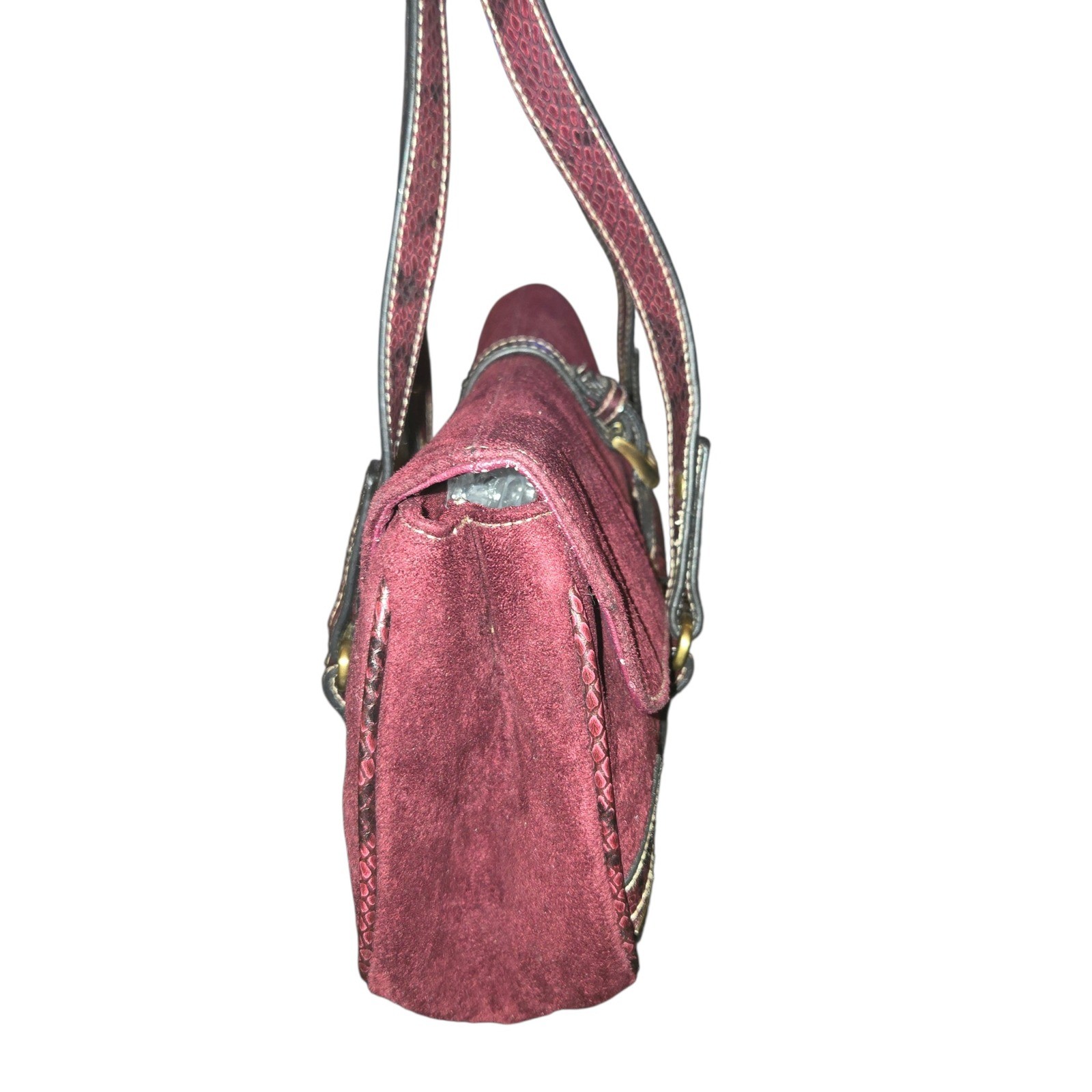Bisou Bisou Y2K VTG Shoulder Bag Med Maroon Snakeskin Trim Faux Suede Baguette