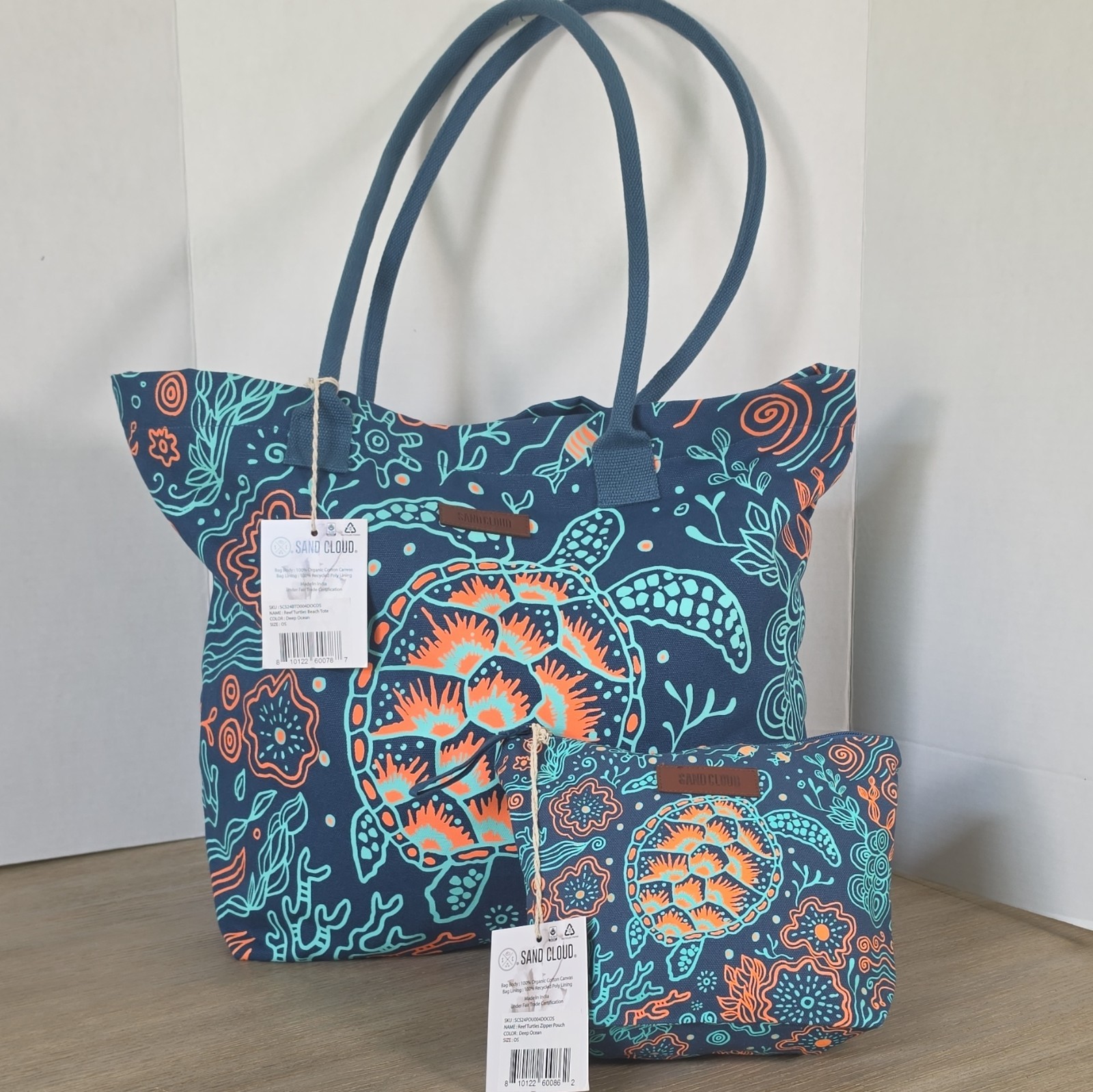 Sand Cloud Reef Turtles Beach Tote Set w/ Zip Pouch Snap Closure Lined Blue