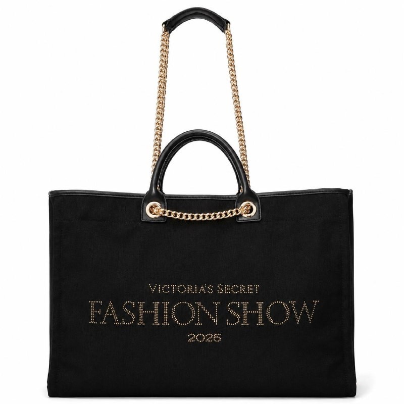 Victoria’s Secret Fashion Show 2025 Black Tote Bag Gold Chain Large Canvas New
