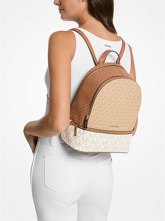 Michael Kors Backpack Bag RHEA MD ZIP BACKPACK Camel Multi Vanilla