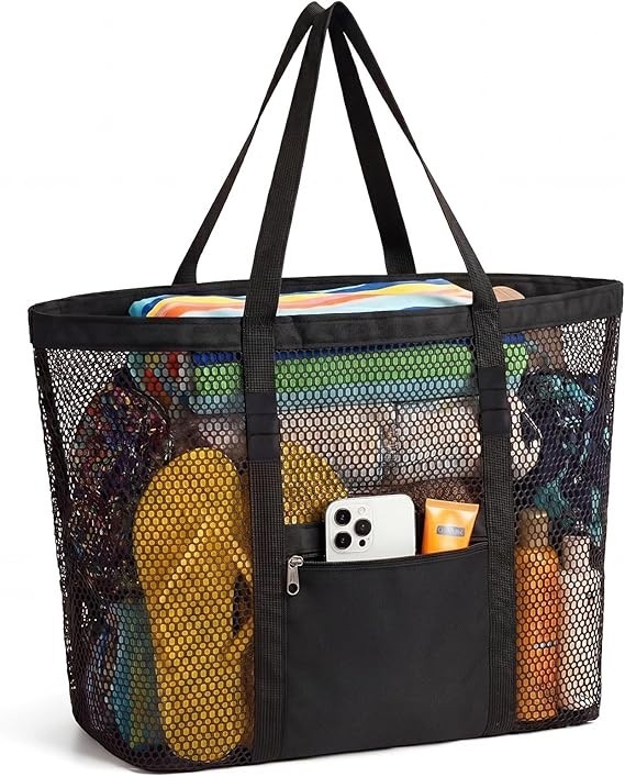 Dntorx Women’s Mesh Beach Bag, Stylish Beach Tote for Swimming, Travel (Black)