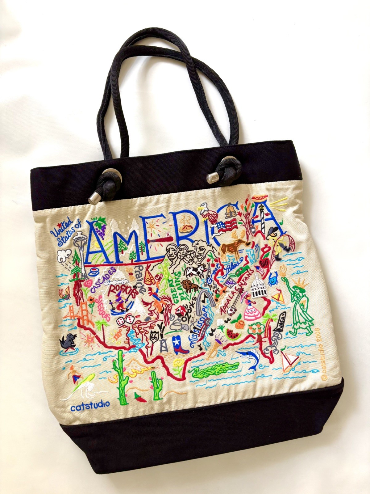 Catstudio United States Of America Embroidered Canvas Tote Bag Black Cream