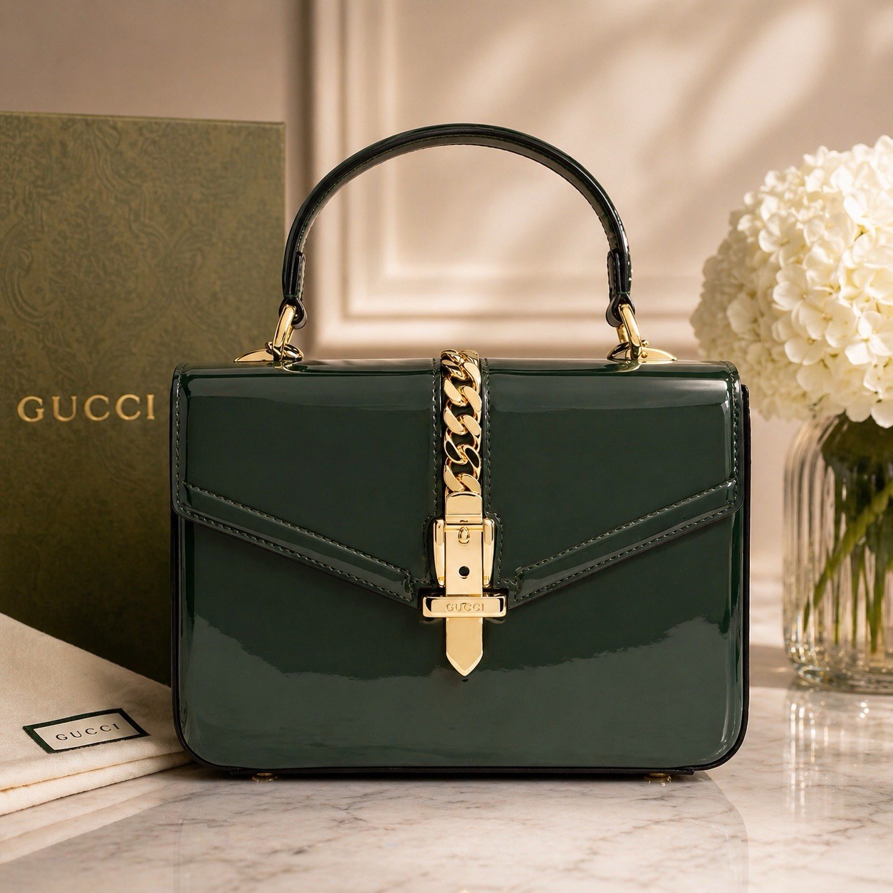 Authentic Gucci Sylvie Green Patent Leather Top Handle Bag Gold Chain Crossbody