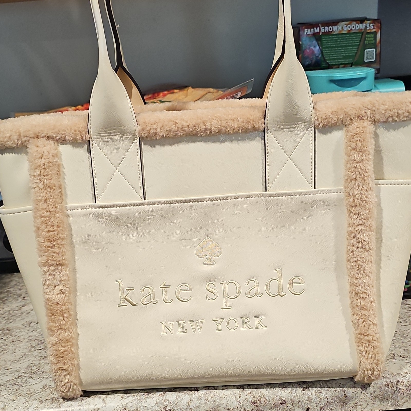 kate spade new york Ivory/Beige Zip Tote Bag w/Faux Fur Trim, Pockets