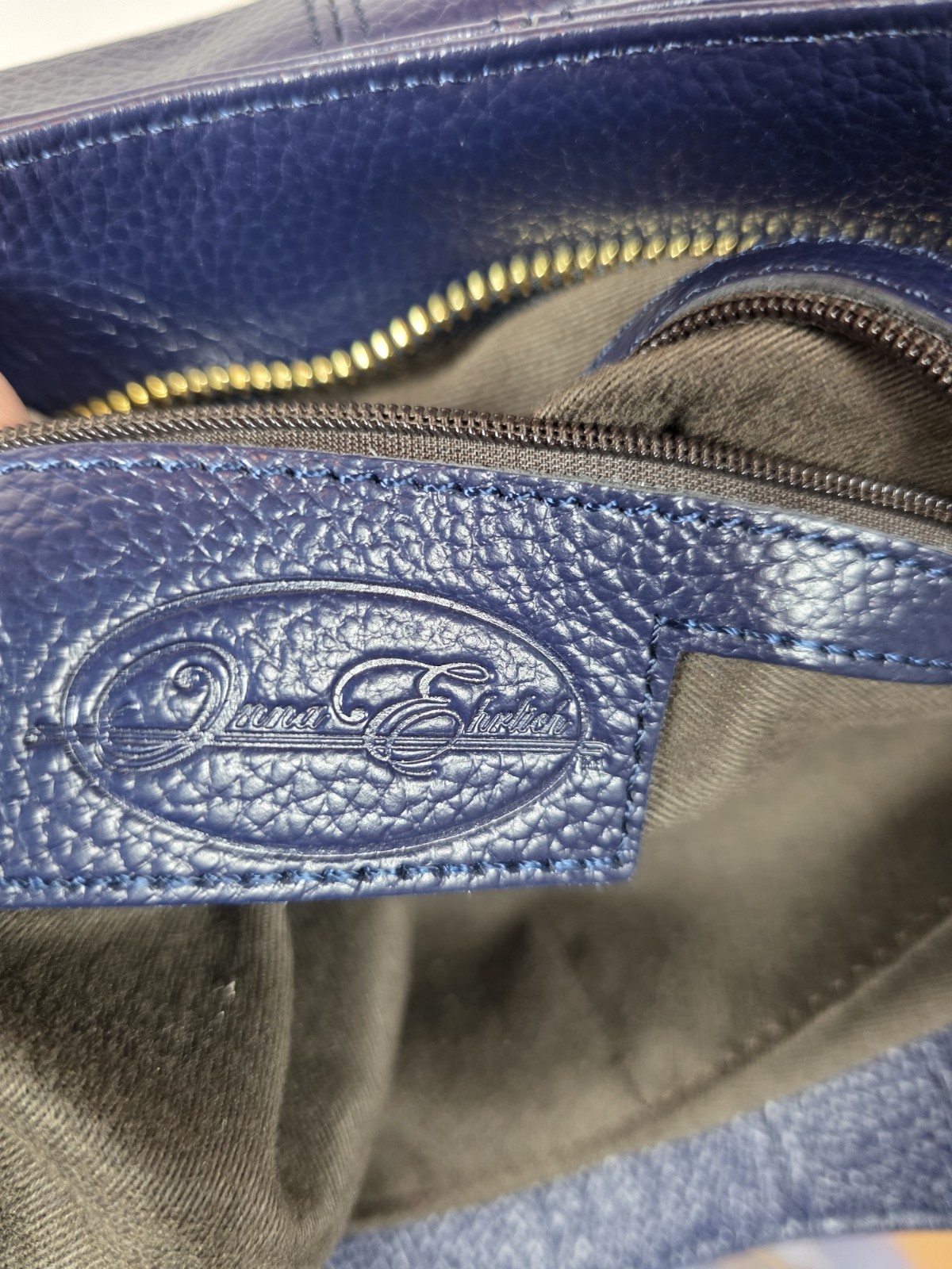Onna Ehrlich Navy Blue L Satchel Crossbody Pebbled Leather Handbag Classic EUC