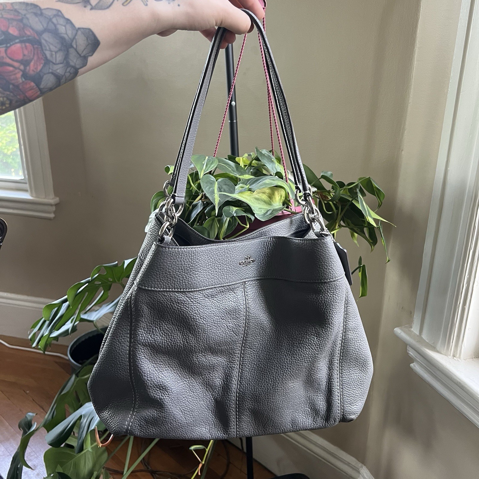 Coach Gray Pebbled Shoulder Bag, Silver Hardware, Bag Charm, Inner Pockets