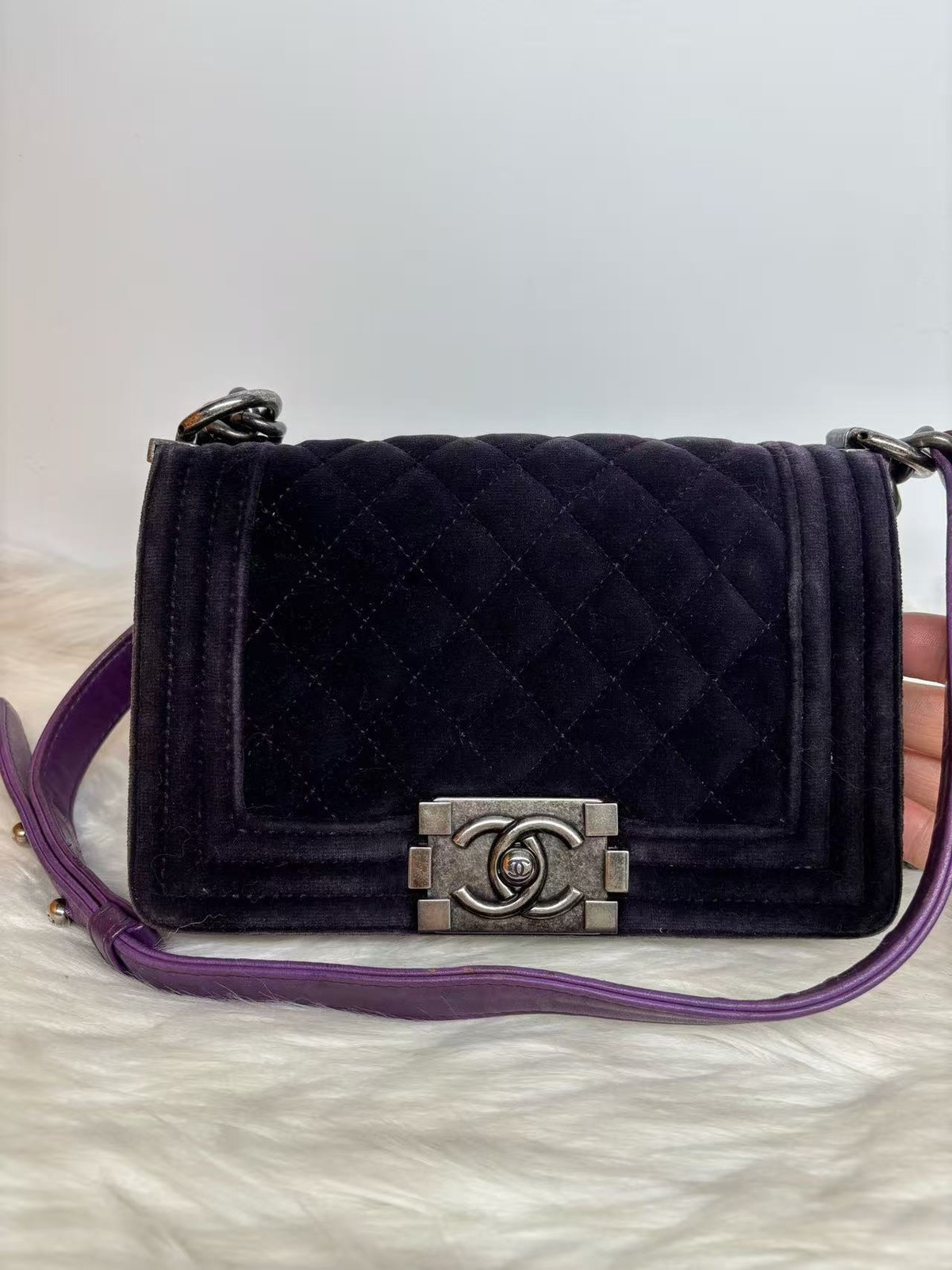 Chanel Le Boy Dark Purple Velvet Gunmetal Hardware Crossbody Bag