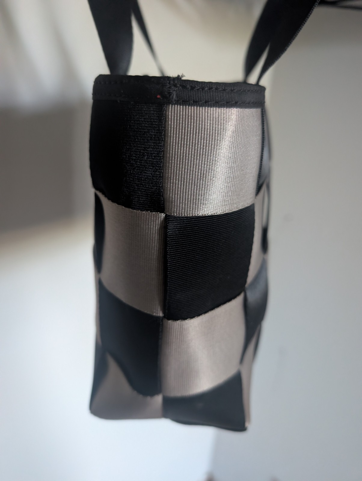 Black & Silver Checkered Tote Bag, Double Handles, Rectangle Shape, Bottom Studs