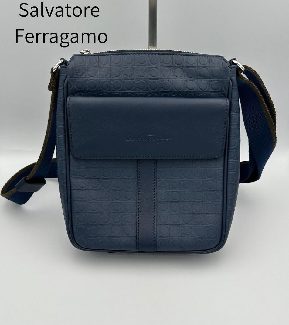 Salvatore Ferragamo Gancini Embossed Leather Crossbody Shoulder Bag Navy Italy
